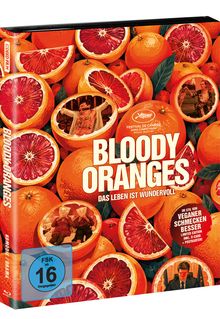 "Bloody Oranges. Das Leben ist wundervoll." Orangen und Blutorangen mit einem Mann und Szenen im Hintergrund.