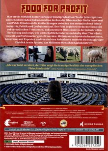 "FOOD FOR PROFIT" in roten Buchstaben. Beschreibung eines investigativen Films über europäische Fleischproduktion.