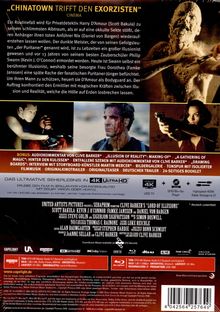 "CHINATOWN TRIFFT DEN EXORZISTEN." Text beschreibt einen Thriller mit okkulter Sekte. Drei Filmszenen, teils blutig, teils spannend.