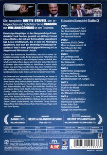 "Die komplette DRITTE STAFFEL der erfolgreichen und beliebten Serie CANNON mit WILLIAM CONRAD in der Titelrolle." 

Bilder zeigen einen Mann namens William Conrad in verschiedenen Szenen. Text beschreibt die Serie und Episoden.