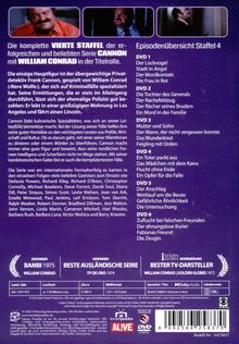 "Vierte Staffel der Serie 'Cannon' mit William Conrad. Episodenübersicht: DVD 1 - Der Lockvogel, Stadt in Angst. Gewinner: Bambi 1975."
