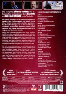 Die komplette FÜNFTE STAFFEL der Serie CANNON mit WILLIAM CONRAD. Episodenübersicht Staffel 5, DVD 1 bis 6 aufgelistet.