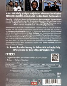 Text über sowjetischen Abenteuerfilm-Klassiker aus der DDR. Drei Filmszenen oben. „EXTRAS“ Abschnitt unten. QR-Code rechts.