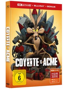 Titel "COYOTE vs. ACME", gelber Hintergrund mit Comic-Coyote vor vielen Bomben und Werkzeugen, FSK 6 freigegeben.
