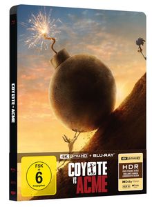 "COYOTE VS ACME", FSK 6, 4K Ultra HD Blu-ray. Eine Cartoon-Szene: Ein Kojote hält eine riesige Bombe an einem Hügel.