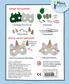 "Dieses Set enthält: 2 Filz-Masken (15,5 x 11,5 cm), 23 Filz-Sticker, 6 Glitzer-Sticker, 2 Gummibänder." 

Illustration von Masken und Stickerteilen.