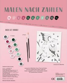 "MALEN NACH ZAHLEN" steht oben. Das Set enthält 11 Farben und 2 Pinsel. Leinwand mit Silberfolien-Druck.
