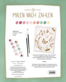 "Malen nach Zahlen" in großen Buchstaben, darunter Farbfelder von 1 bis 10, Pinsel und Leinwand mit goldenen Motiven.