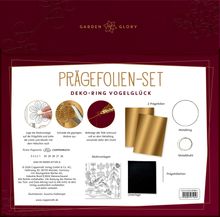 Text: Prägefolien-Set, Deko-Ring Vogelglück. Bilder: Metallring, Prägefolien, Motivvorlagen, Prägeholz. Logo: Garden Glory.