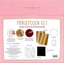 Prägefolien-Set: Deko-Ring Blütenzauber. Motivvorlagen und Materialien illustriert. Zarte florale Verpackung.