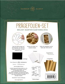 Texte: "Prägefolien-Set", "Relief-Karten Gartenglück", "Lego die Motivvorlage". Grüner Hintergrund mit floralen Ecken.