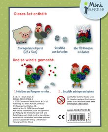 "Dieses Set enthält: 2 formgestanzte Figuren, Steckfüße, über 150 Pompoms. Und so wird's gemacht: 1. Folie lösen... 2. Steckfüße anbringen."