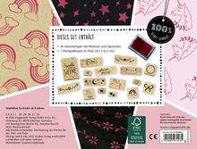 Dieses Set enthält 16 Holzstempel mit Motiven und Sprüchen, 1 Stempelkissen in Pink. Bunte Muster mit Regenbögen und Einhörnern.