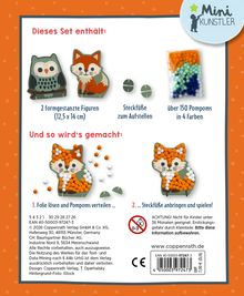 Im Bild enthalten: "Dieses Set enthält: 2 formgestanzte Figuren, Steckfüße, über 150 Pompons". Mini Künstler Logo oben rechts.