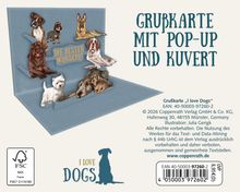 "Die besten Wünsche!" auf Pop-up-Karte mit Hundemotiven. Text: "Grußkarte mit Pop-up und Kuvert". Logo: "I love dogs".