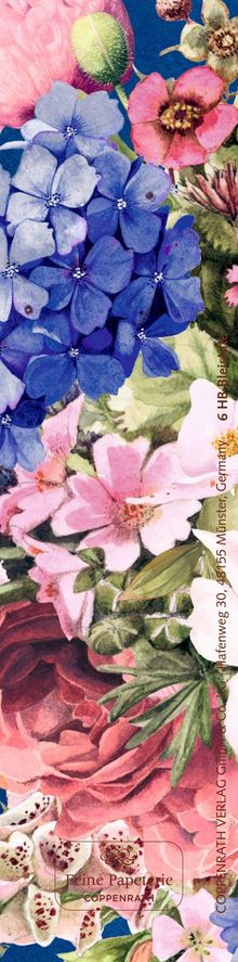 Text: "Feine Papeterie Coppenrath, Hafenweg 30, 48155 Münster, Germany, 6 HB Bleierke."

Eine florale Illustration mit bunten Blumen.