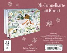 "3D-Tunnelkarte mit Kuvert." Illustration mit winterlichem Wald, Tieren und Schneeflocken auf rotem Hintergrund.
