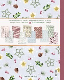 **Geschenkpapier in 10 Designs**, 10 Bögen, 9 Geschenkanhänger. Weihnachtliche Motive mit Zweigen und Blumen.