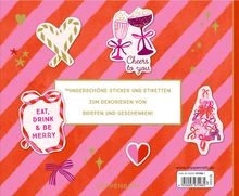 "Wunderschöne Sticker und Etiketten zum Dekorieren von Briefen und Geschenken!" mit festlichen Designs auf gestreiftem Hintergrund.