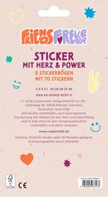 "Sticker mit Herz & Power, 5 Stickerbögen mit 70 Stickern." Bunte Motive mit Smileys, Herzen, Sternen und einem Peace-Zeichen.