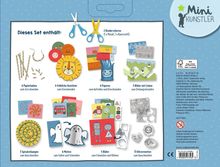"Dieses Set enthält: 6 Papierhalme, 4 fröhliche Gesichter, 6 Figuren, 3 Bilder mit Linien, 3 Spiralschlangen, 6 Motive, 5 Bilder, 11 Glitzermotive." Links sind bunte Bastelmaterialien abgebildet, rechts oben ein "Mini Künstler" Logo.