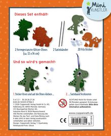 „Dieses Set enthält: 2 formgestanzte Glitzer-Dinos, 2 Satinbänder, 20 Filz-Sticker. Und so wird’s gemacht: Sticker lösen und auf die Dinos kleben, Satinband festknoten. Logo: Mini Künstler.“