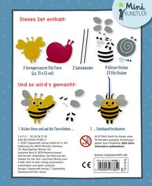 Text: "Dieses Set enthält: 2 formgestanzte Filz-Tiere, 2 Satinbänder, 9 Glitzer-Sticker..."  
Illustration: Bienen und Schnecke aus Filz.