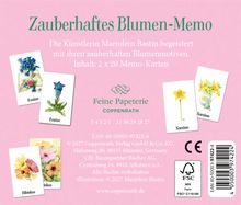 "Zauberhaftes Blumen-Memo", 2x20 Memo-Karten, Künstler Marjolein Bastin. Kartenabbildungen: Enzian, Narzisse, Hibiskus.