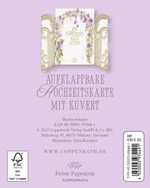 Der Text "Zur Hochzeit alles Liebe" steht in einer dekorativen geöffneten Karte, umgeben von floralem Artwork.