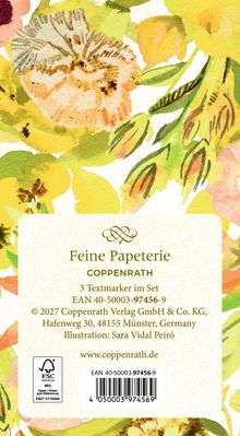 "Feine Papeterie COPPENRATH, 3 Textmarker im Set, EAN 40-50003-97456-9, www.coppenrath.de." Blumige Illustration mit Gelb.