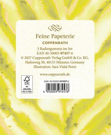 "Feine Papeterie COPPENRATH, 3 Radiergummis im Set. Gelber Aquarell-Hintergrund mit Text."