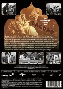 Texte:
"Die schwarzen Teufel von Bagdad".
Handlung: Verrat und Intrigen in Bagdad. Prinzessin Marjan kehrt heim. Der Pascha bietet Schutz, doch zu welchem Preis?

Bilder:
Mehrere Schwarz-Weiß-Fotos aus einem Film. Zentrales Bild zeigt Personen in historischen Kostümen.