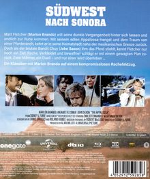 Titel: "Südwest nach Sonora." Matt Fletcher (Marlon Brando) auf einem Rachefeldzug, Western-Szenen abgebildet.
