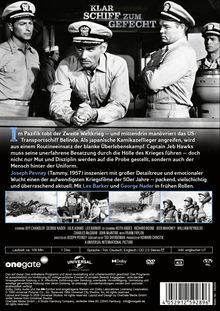 "Klar Schiff zum Gefecht" steht oben. Marineoffiziere in Uniformen, ernste Mienen. Schwarz-weiß, Filmszenen unten.