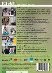 Titel: LEBENSWEGE. Beschreibung: Fünf Dramen aus dem DDR-Fernsehen. Filme: "Drei Wohnungen", "Engel mit einem Flügel", "Rückkehr ins Leben", "Kein Wort von Einsamkeit", "Die gestundete Zeit". Länge: ca. 382 Minuten. FSK 12: Selbstschädigung, Diskriminierung, Bedrohung.