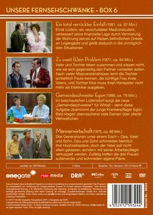 **Unsere Fernsehschwänke - Box 6** mit vier Geschichten: "Ein total verrückter Einfall", "Zu zweit (k)ein Problem", "Gemeindeschwester Egon" und "Männerwirtschaft". Enthalten sind Bilder der Szenen und Informationen zu Dauer und Produktionsjahren. Links zu Partnern und DVD-Spezifikationen.