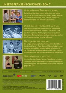 "Unsere Fernsehschwänke - Box 7" enthält Beschreibungen von vier Fernsehstücken aus den 70er Jahren, darunter "Ich bin nicht meine Tante" und "Große Wäsche".