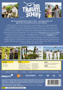 Texte: "Das Traumschiff", "In Miami gerät ein Vater-Tochter-Trip...", "Folgen 105. Miami, 106. Auckland, 107. Bora Bora", "Crew Kapitän Max Parger...".

Eine Illustration mit Fotos von Szenen und Infos zu einer TV-Serie. Oben: Zwei Szenenfotos. Unten: Neun Menschen in Uniformen.