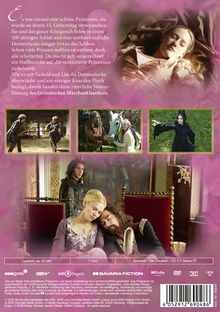 Text oben: Märchenhafte Geschichte einer verzauberten Prinzessin und eines Stallburschen, der den Fluch besiegt.  
Drei Bilder: Ein schlafendes Mädchen, ein Mann mit Pferd, Frau in schwarzer Kleidung.