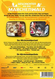 Geschichten aus dem Märchenwald. Serie 1: Märchenwaldpostamt. Serie 2: Märchenwaldapotheke. Gelbes Design mit Figuren.
