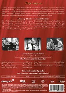 "Poppe steigt aus" und Information über Ohnsorg-Theater. Nennung von Schauspielern und Rollen in einem Lustspiel. Bilder zeigen Szenen.