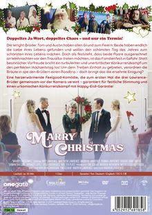 Das Bild ist ein DVD-Cover. Oben steht in Rot: "Doppeltes Ja-Wort, doppeltes Chaos – und nur ein Termin!" Darunter folgt eine Beschreibung einer chaotischen Weihnachts-Hochzeit zweier Brüder. Unten in der Mitte der Titel "Marry Christmas" in großen weißen Buchstaben. Im Hintergrund eine Hochzeitsszene mit Bräutigam, Braut und rot-grüner Dekoration. Oben sind kleine Weihnachtsbilder und Dekorationen. Links unten ein grünes FSK-12-Logo mit "Gewalt".