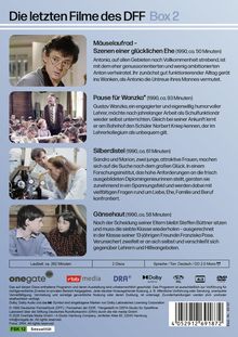 "Die letzten Filme des DFF Box 2. Mäuselaufrad, Pause für Wanzka, Silberdistel, Gänsehaut. Laufzeit: ca. 262 Minuten. FSK 12."