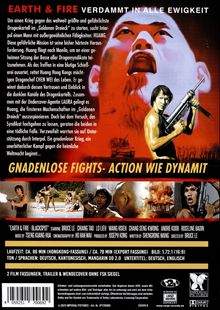 "EARTH & FIRE VERDAMMT IN ALLE EWIGKEIT. GNADENLOSE FIGHTS - ACTION WIE DYNAMIT." Oben: schreiendes Gesicht, unten: Action-Szenen.