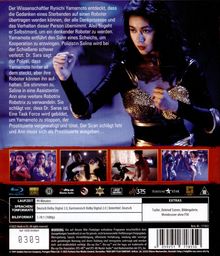 Ein Wissenschaftler überträgt Gedanken auf Roboter. Eine Polizistin wird verletzt. Eine Task Force bekämpft ihn. Frau in schwarzem Kampfanzug hebt eine Faust. Film-Szenen unten.