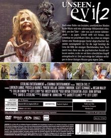 Text oben: "UNSEEN EVIL 2".  
Oben links: Blonde Person mit blutverschmiertem Gesicht, hinter ihr ein Monster. Unten: Szenenbilder und Filminformationen.