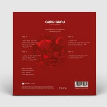 Ein roter Hintergrund mit weißem Text: "GURU GURU Live in Concert". Liste von Titeln und Zeiten. Konzert 2015 in Heidelberg.