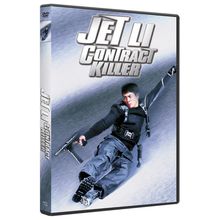 Text: „Jet Li Contract Killer“. Ein Mann in Schwarz, bewaffnet, springt dynamisch vor einem metallischen Hintergrund. DVD-Hülle.