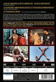 „Es gibt viele Conan-Kopien... Beste“; Szenen aus einem Barbaren-Film, muskulöse Kriegerin mit Schwert, rustikale Umgebung.