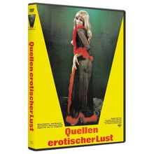 "Quellen erotischer Lust" steht auf einem gelben Hintergrund, daneben eine Frau in schwarzem Kleid mit rotem Schal.